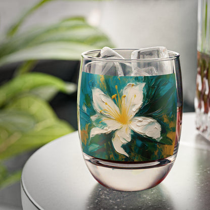 Floral Symphony: Whiskey Glass featuring an Abstract Oil Painting of Jasmine