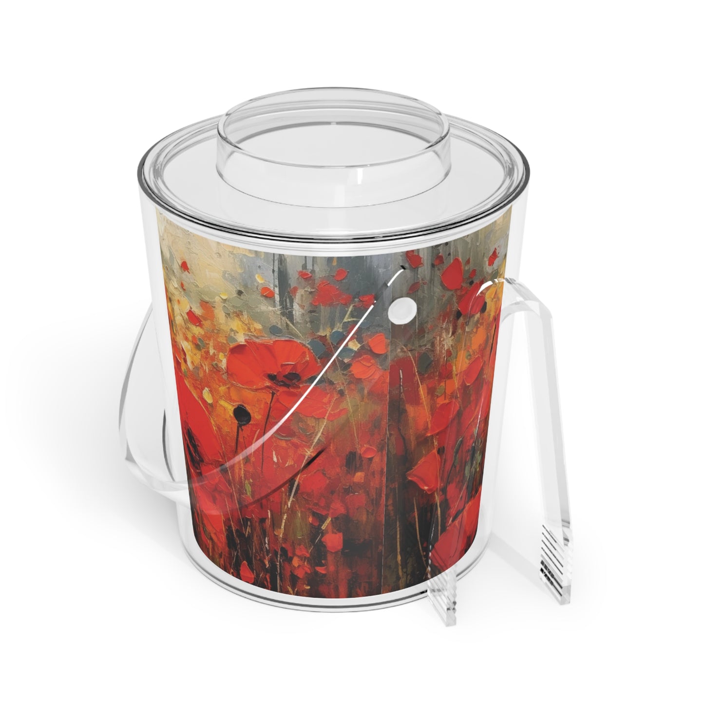 Whimsical Poppy Art on Ice Bucket with Tongs