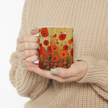 Floral Symphony: Ceramic Mug showcasing Gustav Klimt's Poppies in Art Nouveau