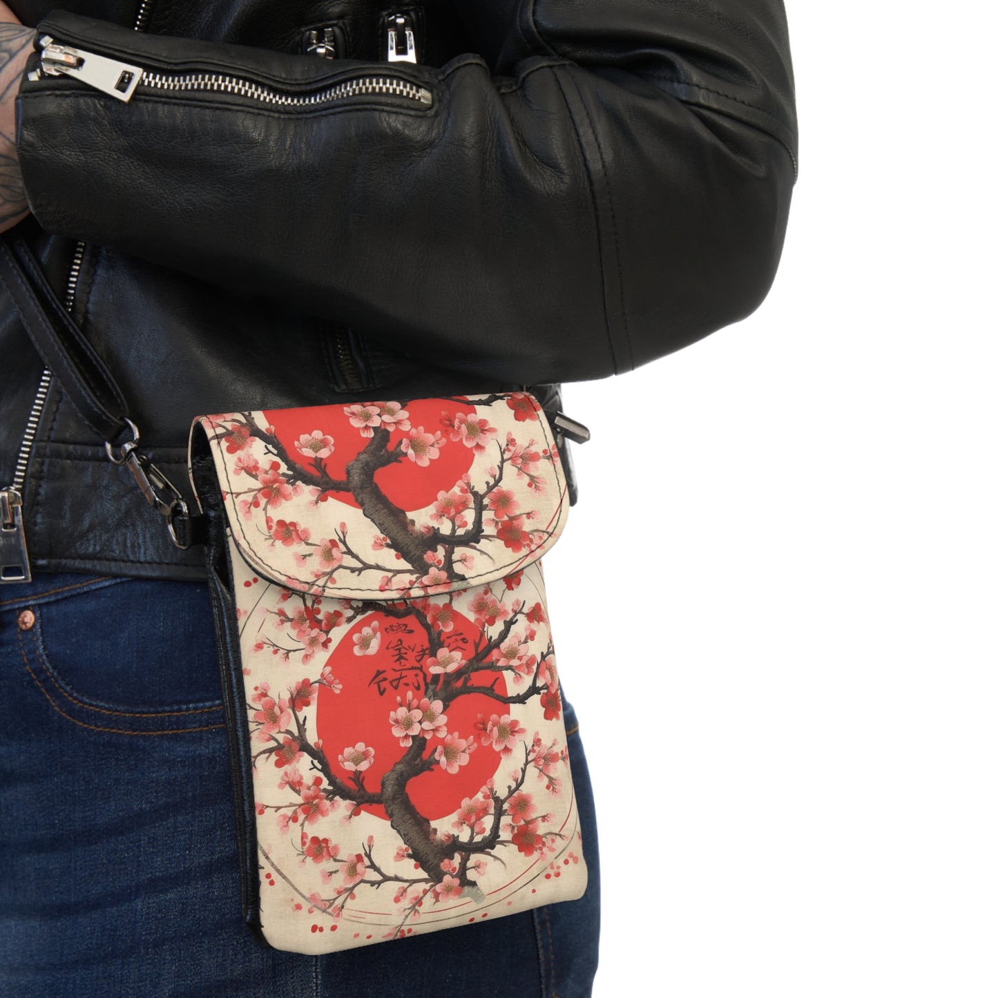 Nature's Brushstrokes: Small Cell Phone Wallet Featuring Captivating Cherry Blossom Drawings