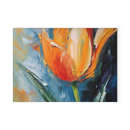 Orange Tulip Magic on Glass Cutting Board : A Blossoming Artistic Delight