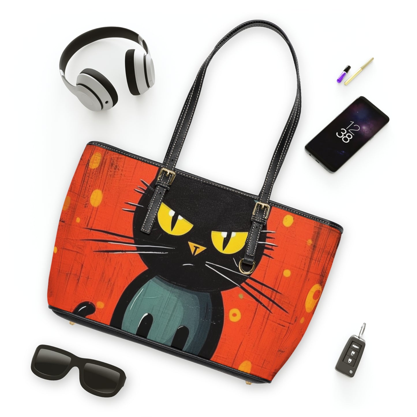 Fashionably Retro Feline: Midcentury Modern PU Leather Shoulder Bag with a Vintage Cat-Inspired Flair