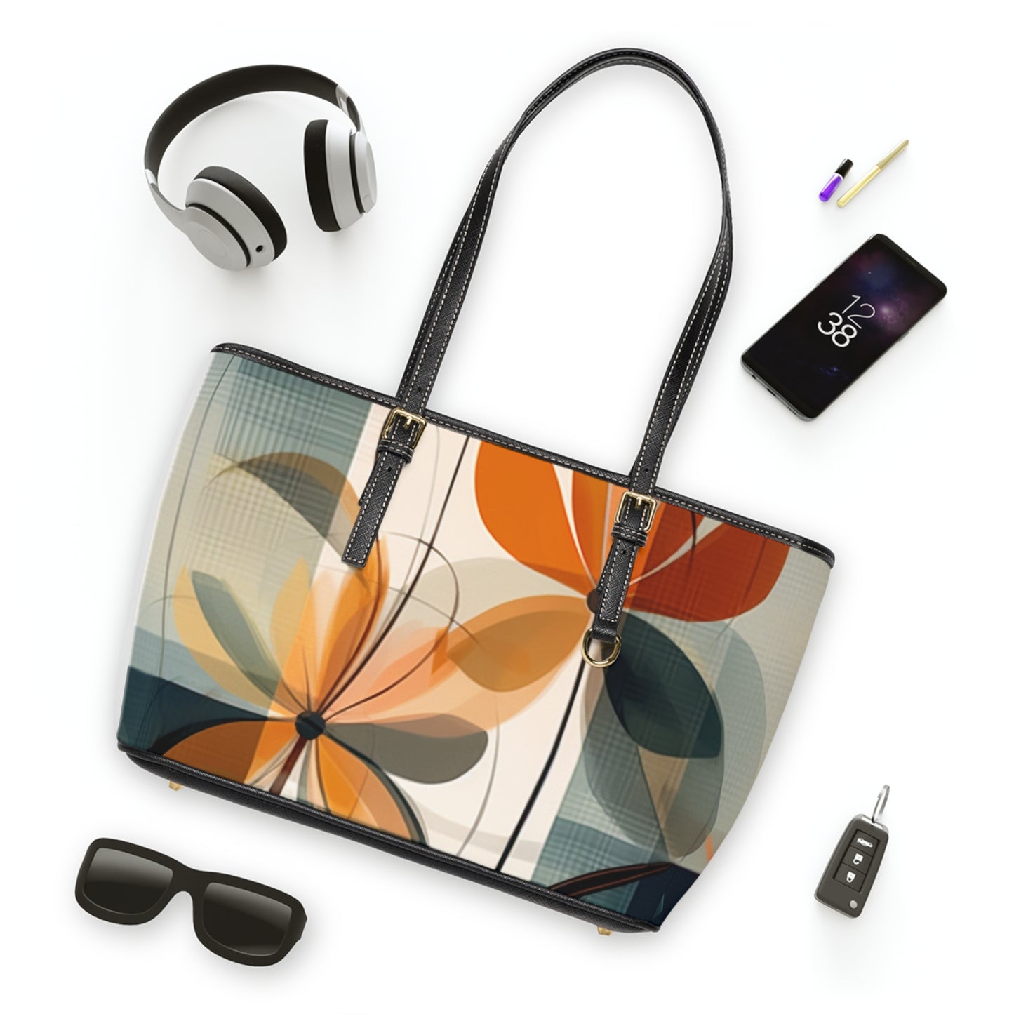 Botanical Chic: Flower Drawings and Minimalist PU Leather Shoulder Bag Design with Midcentury Flair