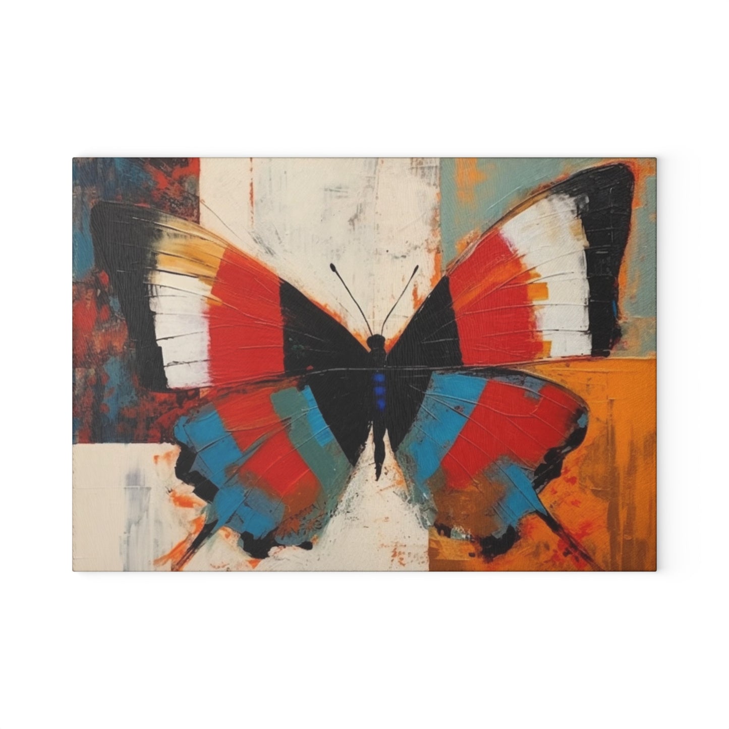 Bauhaus-Inspired Butterfly Symphony: Glass Cutting Board with Vibrant Colors and Intricate Details