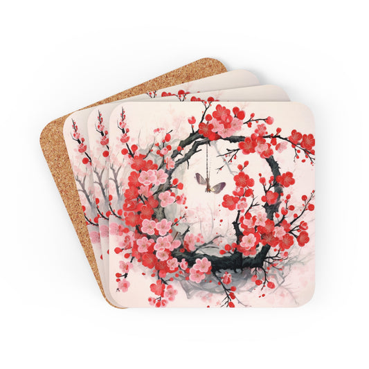 Cherry Blossom Delight: Corkwood Coaster Set Adorned with Intricate Flower Drawings and Artistry