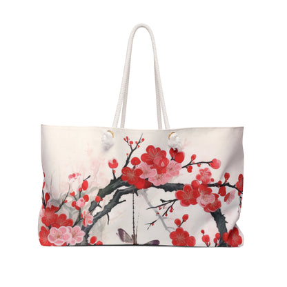 Cherry Blossom Delight: Weekender Bag Adorned with Intricate Flower Drawings and Artistry