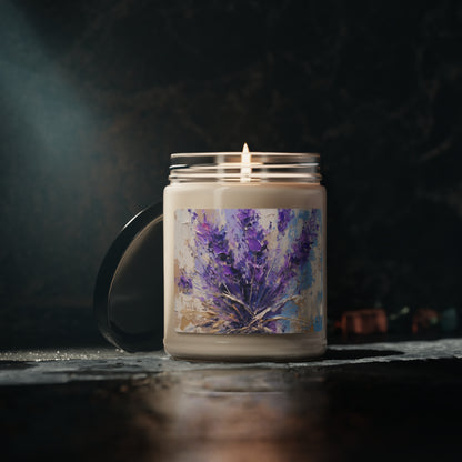 Vibrant Lavender Art on Scented Soy Candle: A Floral Delight for Your Senses