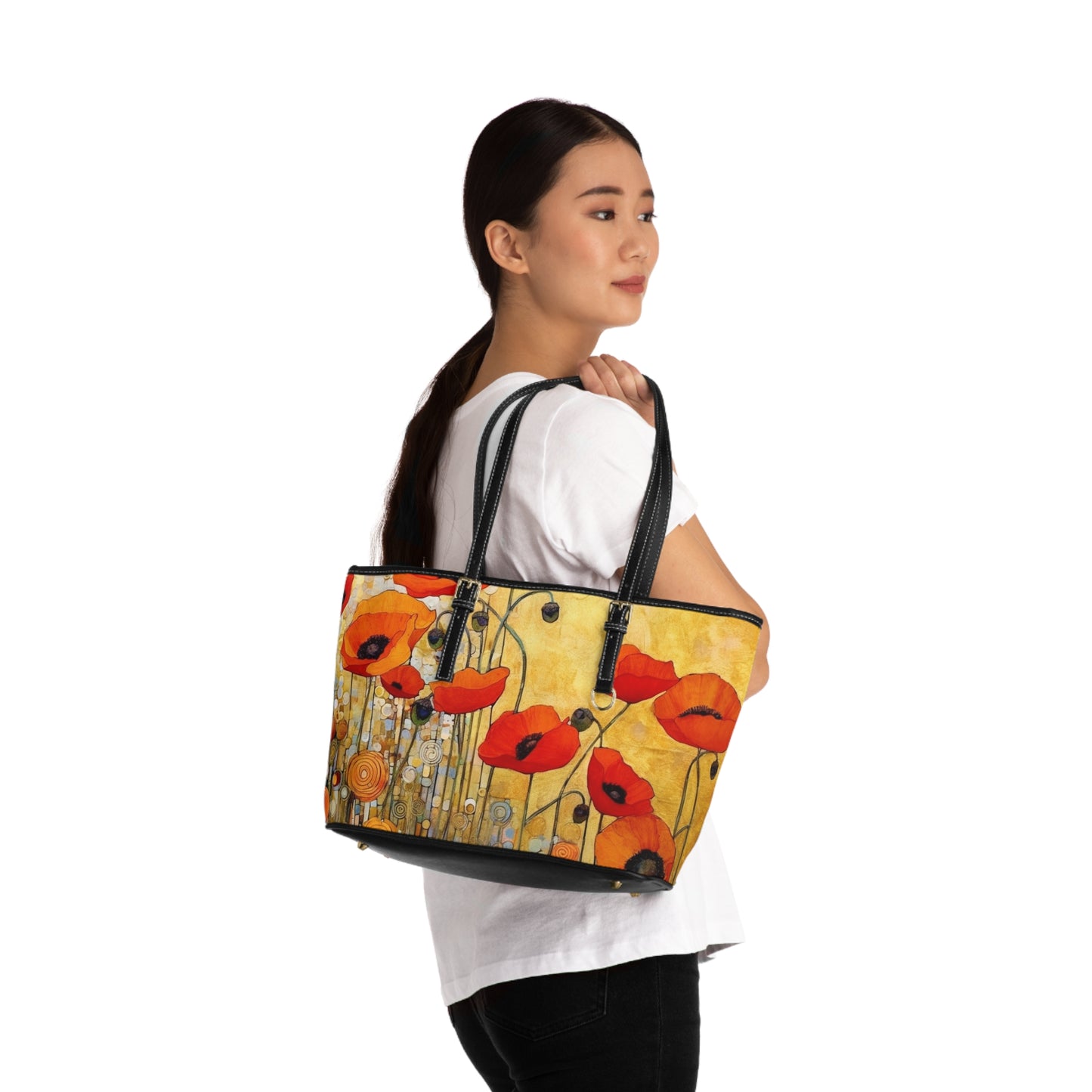 Elevate Your Style: PU Leather Shoulder Bag Adorned with Gustav Klimt's Poppies