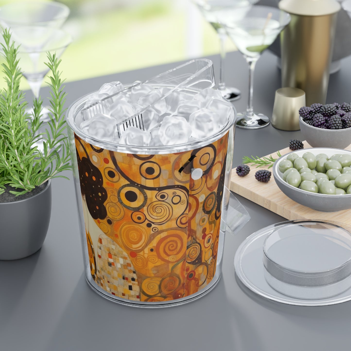 Gustav Klimt Inspired Ice Bucket with Tongs: A Tribute to the Iconic Art of the Vienna Secession