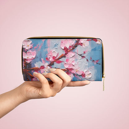 Zipper Wallet with Abstract Cherry Blossom Drawing: Embrace the Serenity