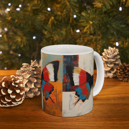 Bauhaus Butterfly Symphony: Ceramic Mug with Vibrant Colors and Intricate Details