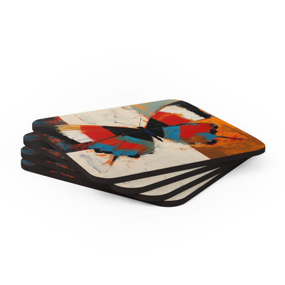 Bauhaus-Inspired Butterfly Symphony: Corkwood Coaster Set with Vibrant Colors and Intricate Details