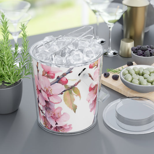 Whimsical Delight: Watercolor Cherry Blossom Tree Ice Bucket with Tongs