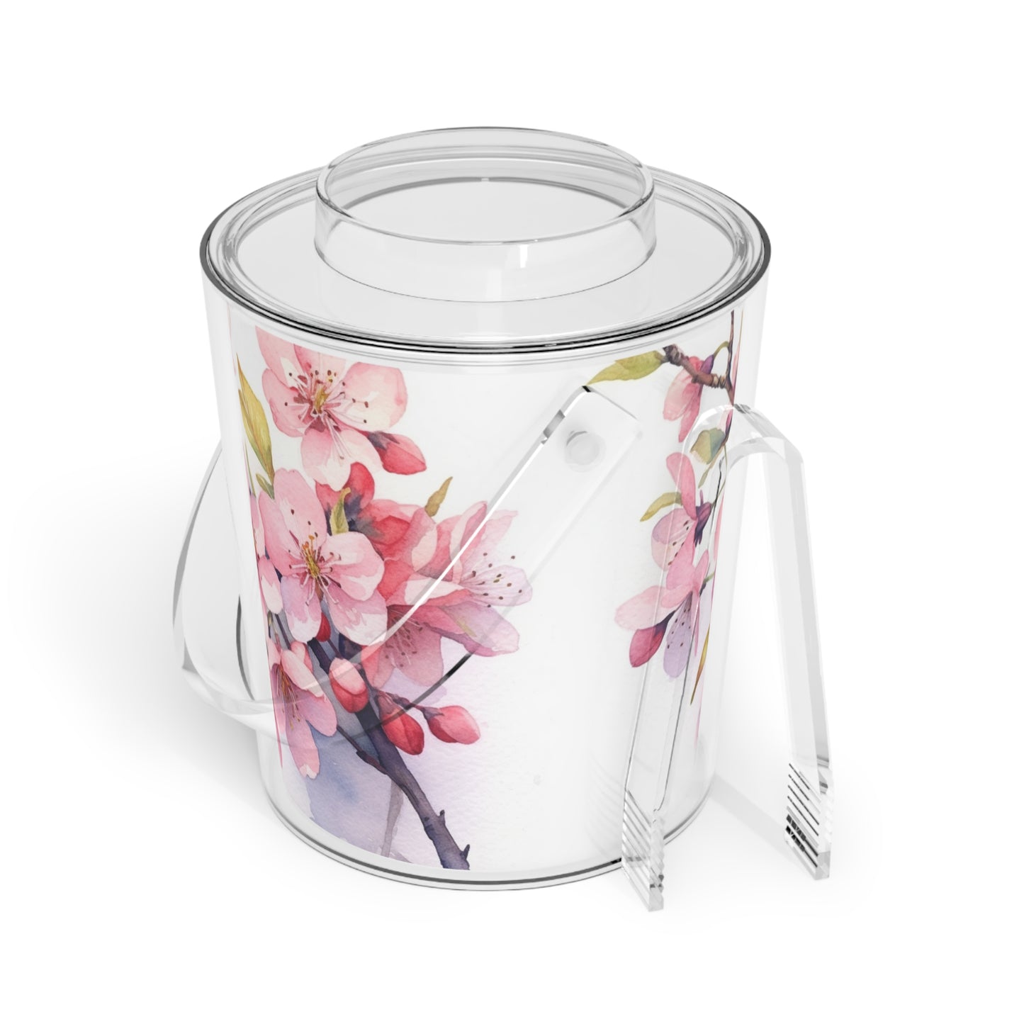 Cherry Blossom Delight: Floral Watercolor Ice Bucket with Tongs