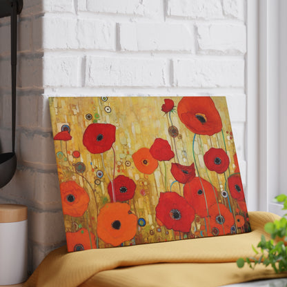 Floral Symphony: Glass Cutting Board showcasing Gustav Klimt's Poppies in Art Nouveau