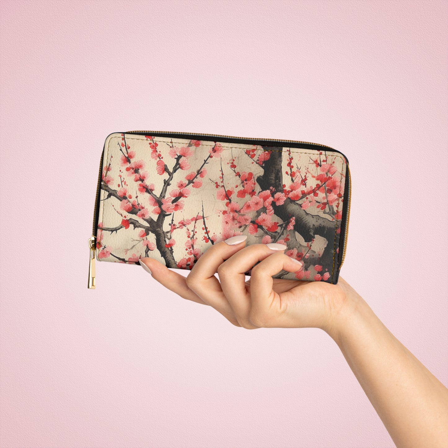 Radiant Blossom Revival: Zipper Wallet Showcasing Vibrant Cherry Blossom Art and Drawings