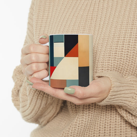 Abstract Geometric Fusion: Modern Art Mug Inspired by Atomic Age Design