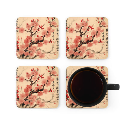 Floral Fusion: Corkwood Coaster Set Merging Cherry Blossom Beauty and Artistic Flower Drawings