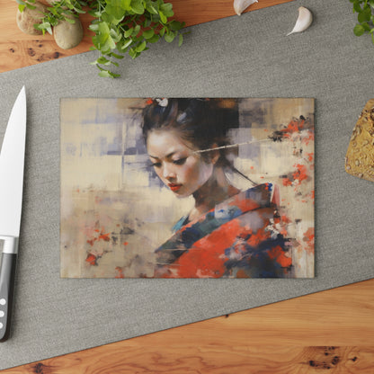 Japanese-Inspired Abstract Oil Painting Glass Cutting Board: Celebrating Geisha Beauty