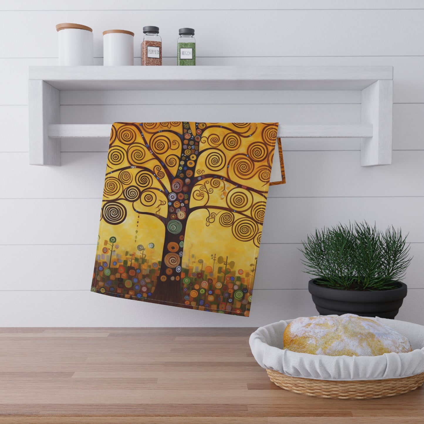 Symbolic Harmony: Gustav Klimt Tree of Life Kitchen Towel, Embrace Artistic Elegance