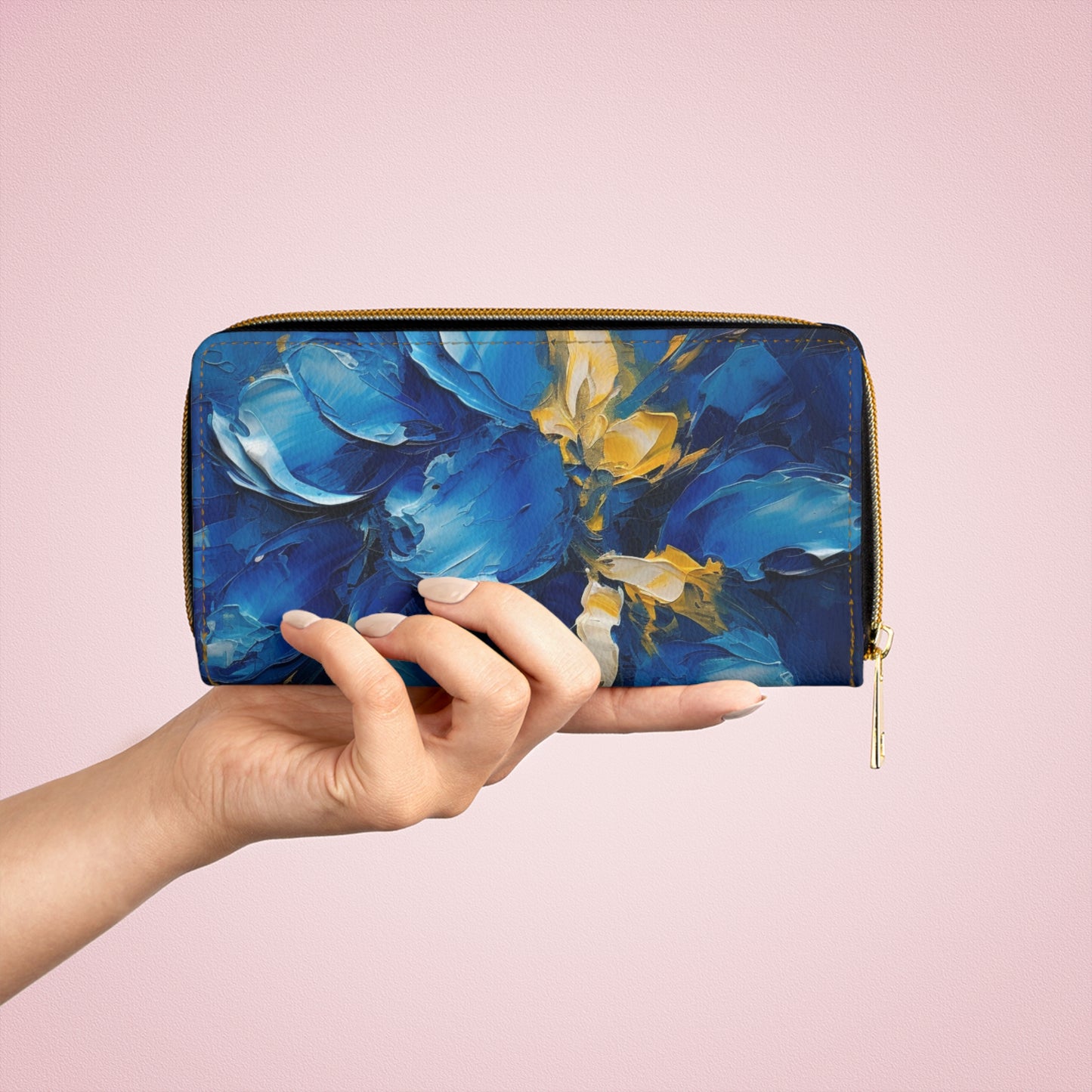 Abstract Wallpaper Zipper Wallet: Immersive Floral Beauty with Blue Orchid Motif