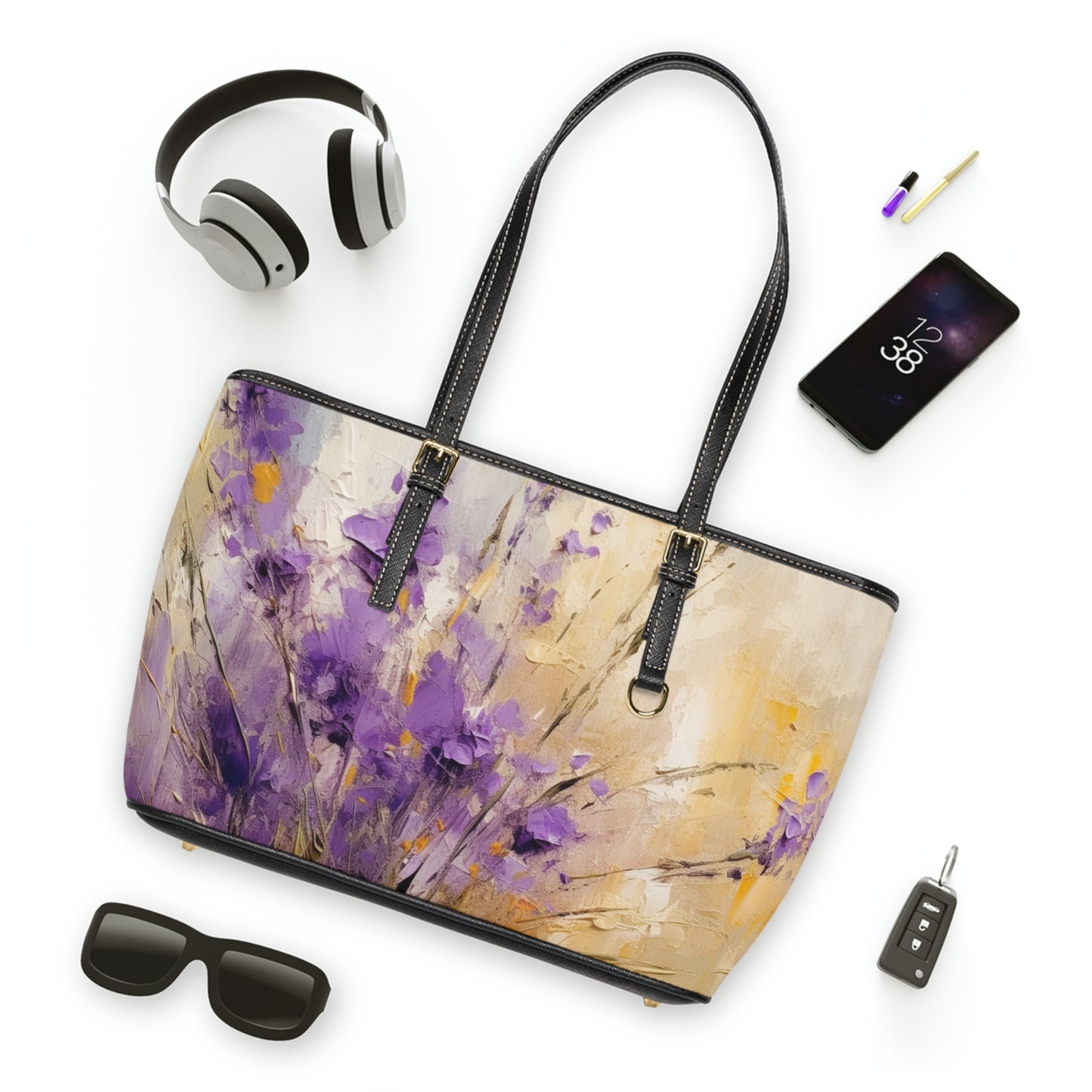 Expressive Lavender Drawing on PU Leather Shoulder Bag: A Symphony of Colors and Petals