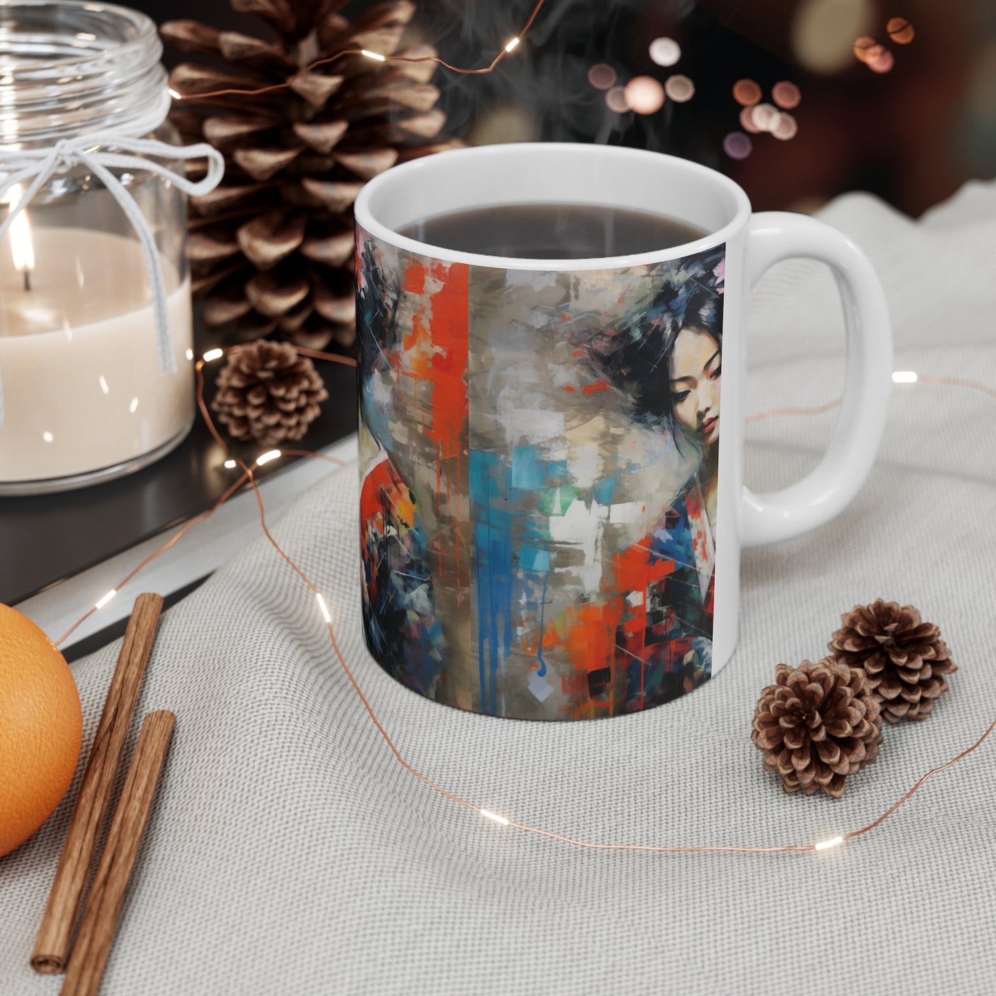 Abstract Wallpaper Bliss: Geisha Painting Ceramic Mug for Coffee Lovers