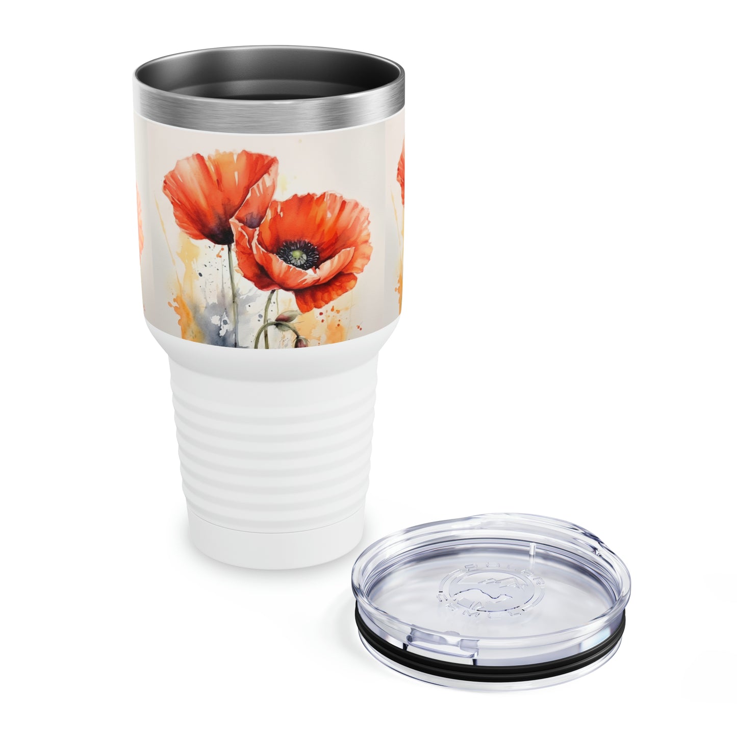 Whimsical Garden: Ringneck Tumbler with Watercolor Poppy Flower Art