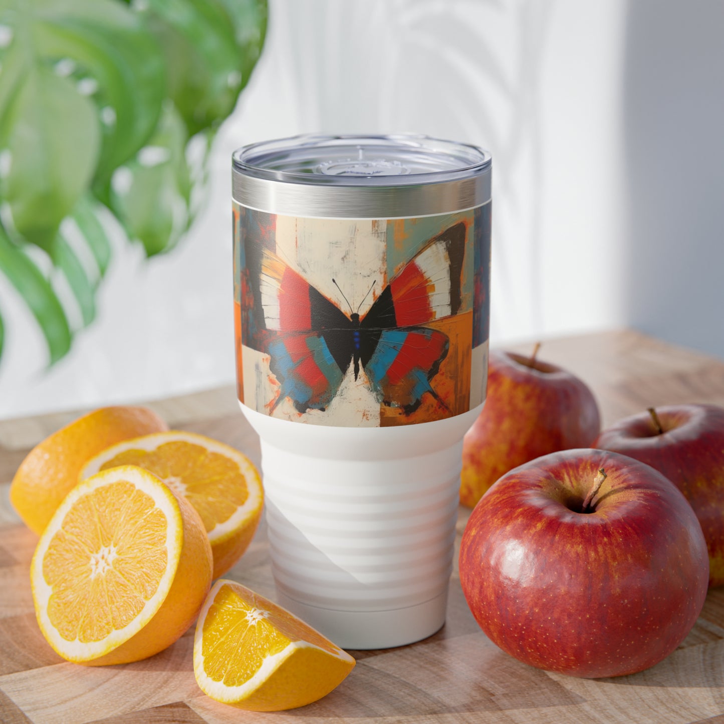 Bauhaus-Inspired Butterfly Symphony: Ringneck Tumbler with Vibrant Colors and Intricate Details