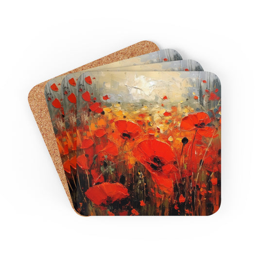 Whimsical Poppy Art on Corkwood Coaster Set