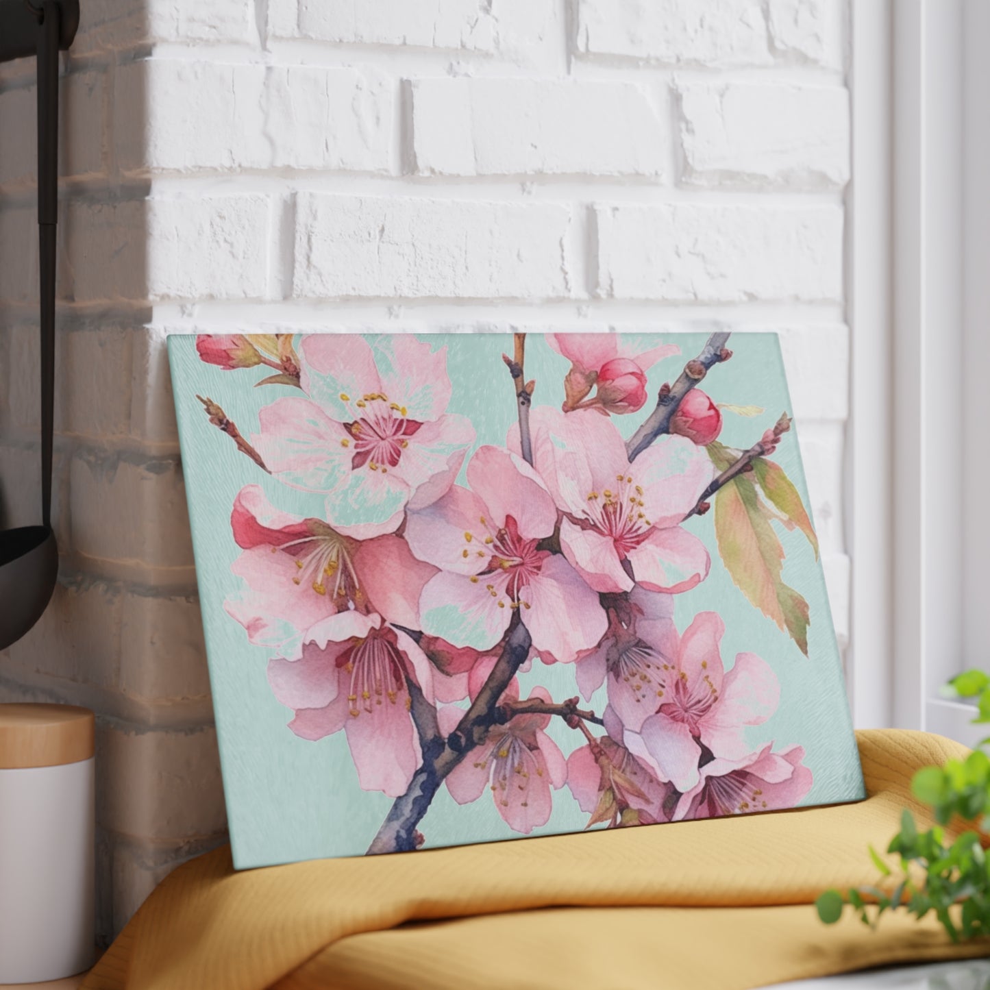 Whimsical Delight: Watercolor Cherry Blossom Tree Glass Cutting Board