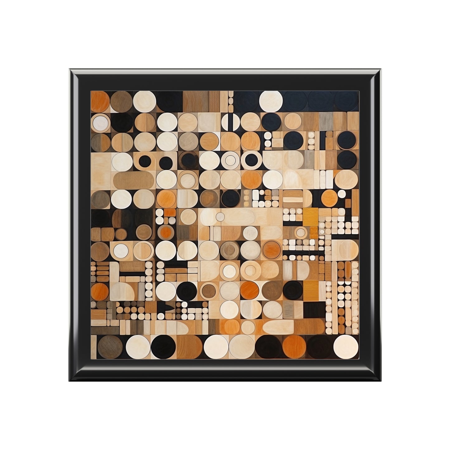 Earthy Geometric Jewelry Box: Wood Veneer Mosaics in Graphic Black and White