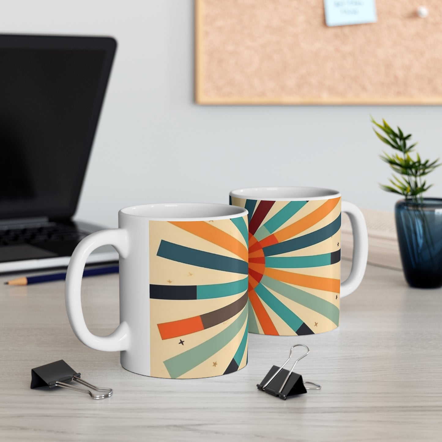 Swinging Sixties: 1960s Fashion-Inspired Coffee Mug with Abstract Art and Starburst Candy Colors