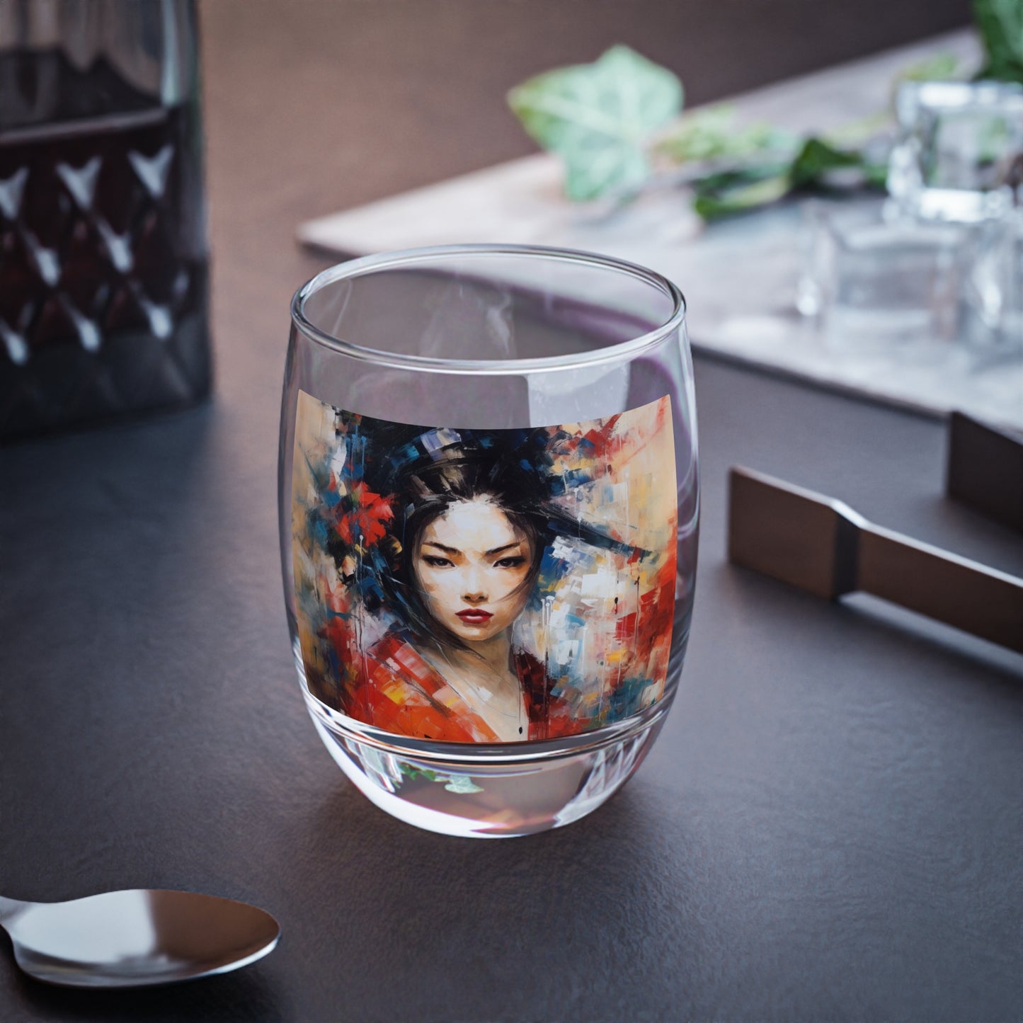 Abstract Geisha Art Whiskey Glass: Captivating Brushstrokes in a Japanese Aesthetic