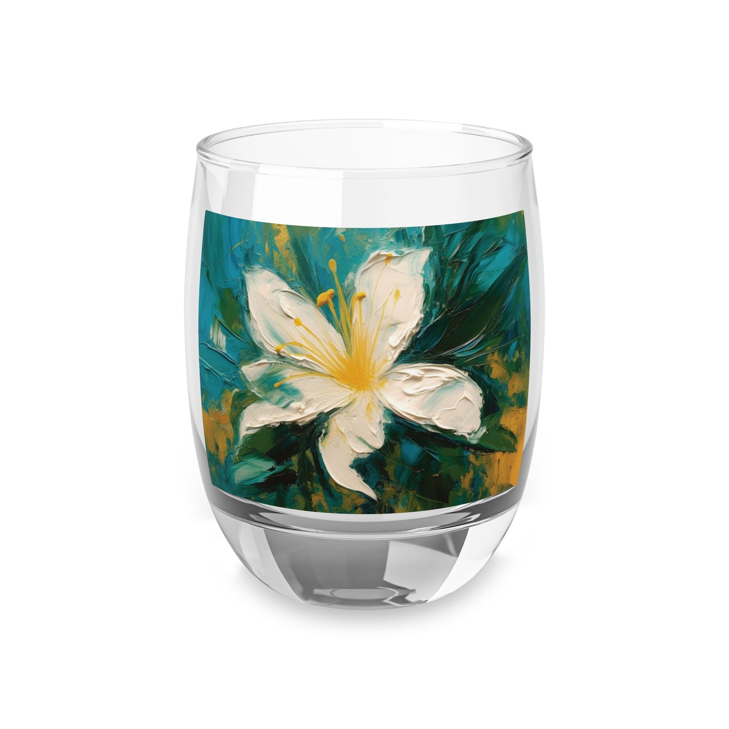 Floral Symphony: Whiskey Glass featuring an Abstract Oil Painting of Jasmine