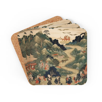 Japanese Tapestry Corkwood Coaster Set: Embrace the Artistic Splendor