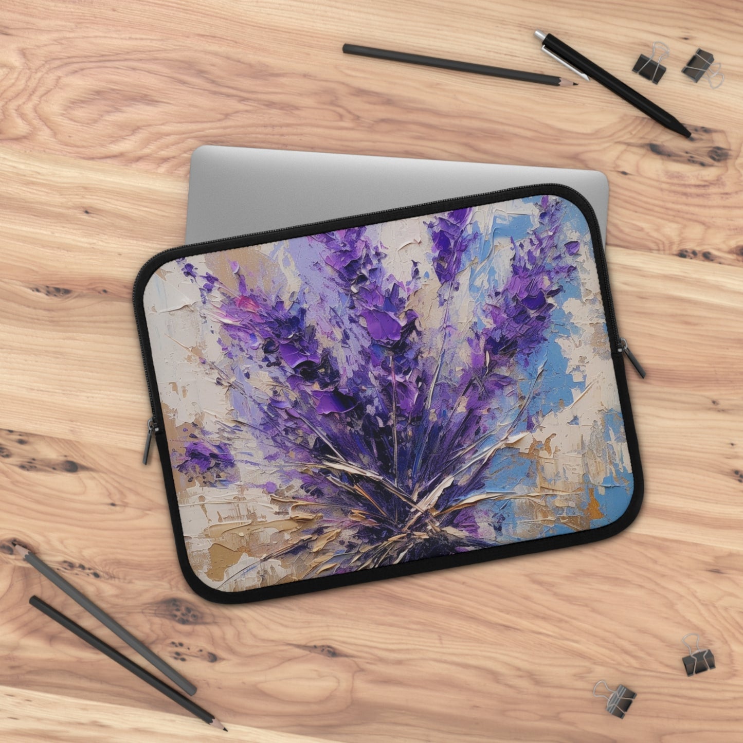 Vibrant Lavender Art on Laptop Sleeve: A Floral Delight for Your Senses