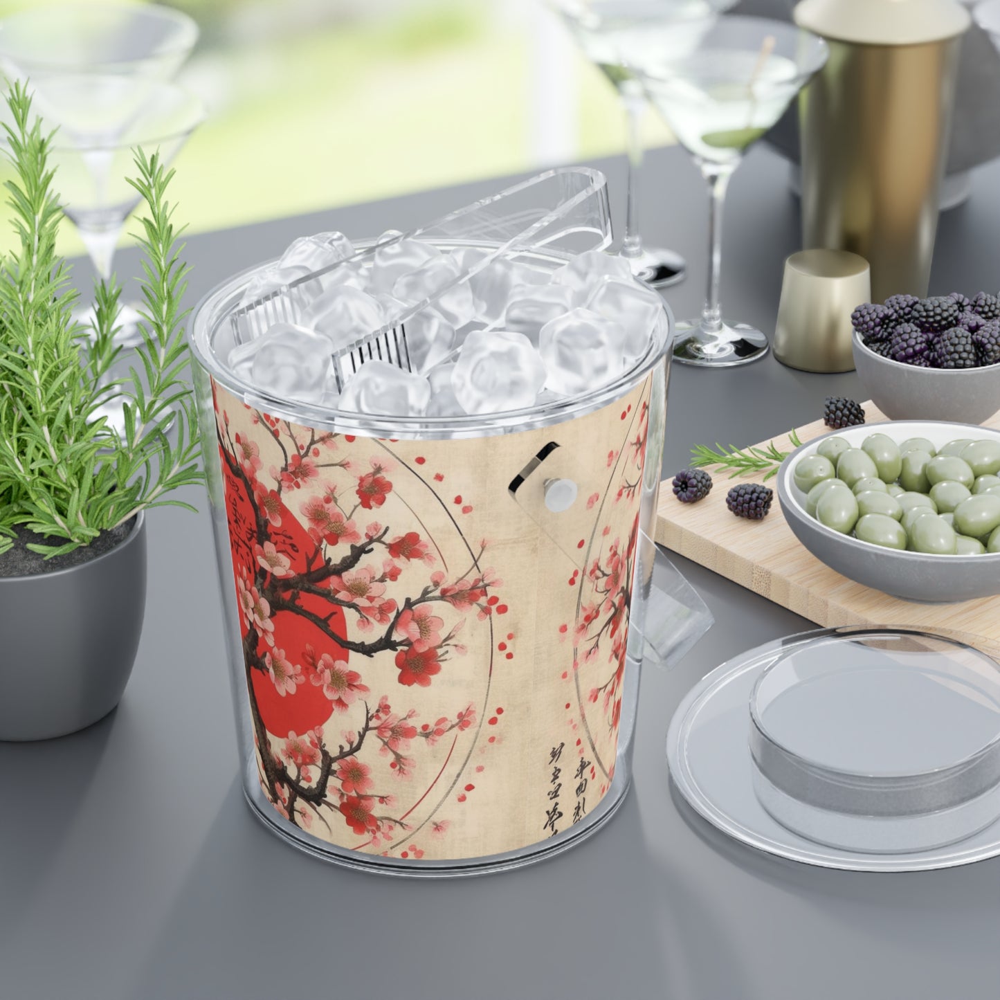 Nature's Brushstrokes: Ice Bucket with Tongs Featuring Captivating Cherry Blossom Drawings