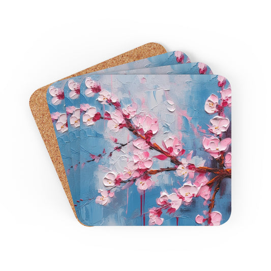 Corkwood Coaster Set with Abstract Cherry Blossom Drawing: Embrace the Serenity