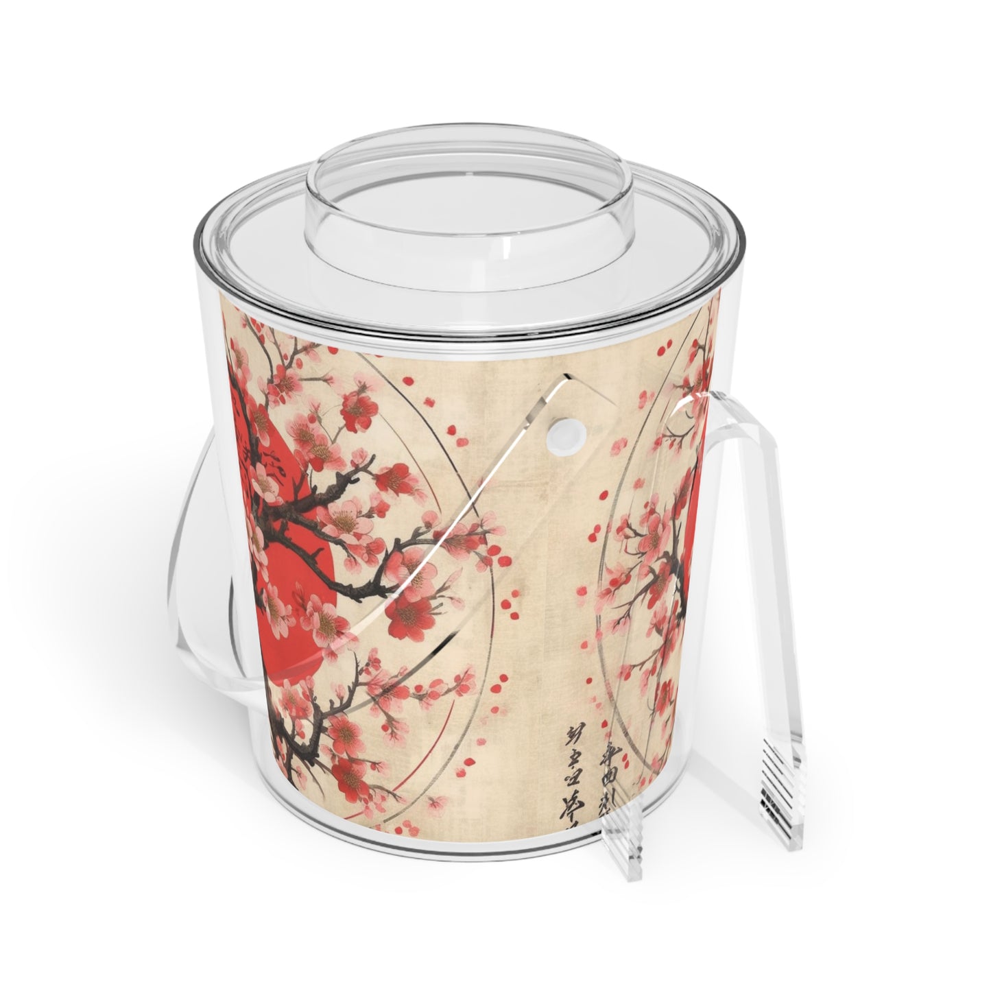 Nature's Brushstrokes: Ice Bucket with Tongs Featuring Captivating Cherry Blossom Drawings