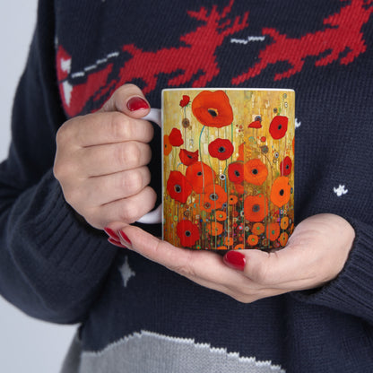 Floral Symphony: Ceramic Mug showcasing Gustav Klimt's Poppies in Art Nouveau