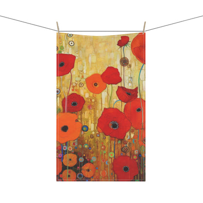 Floral Symphony: Kitchen Towel showcasing Gustav Klimt's Poppies in Art Nouveau