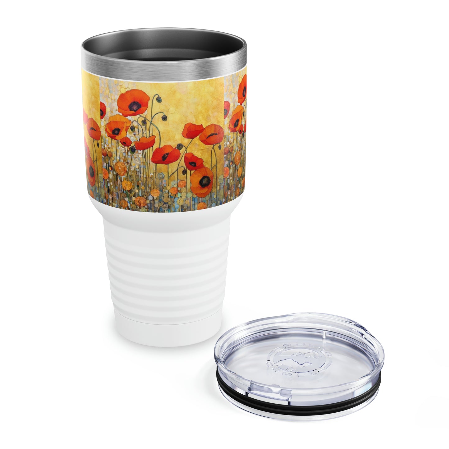 Sip in Style: Ringneck Tumbler Adorned with Gustav Klimt's Inspired Poppies