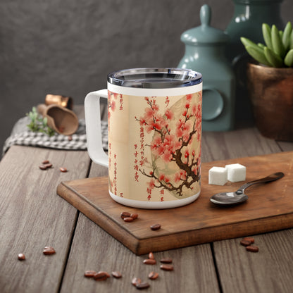 Whimsical Blossom Dreams: Insulated Coffee Mug with Delightful Flower Drawings and Cherry Blossoms