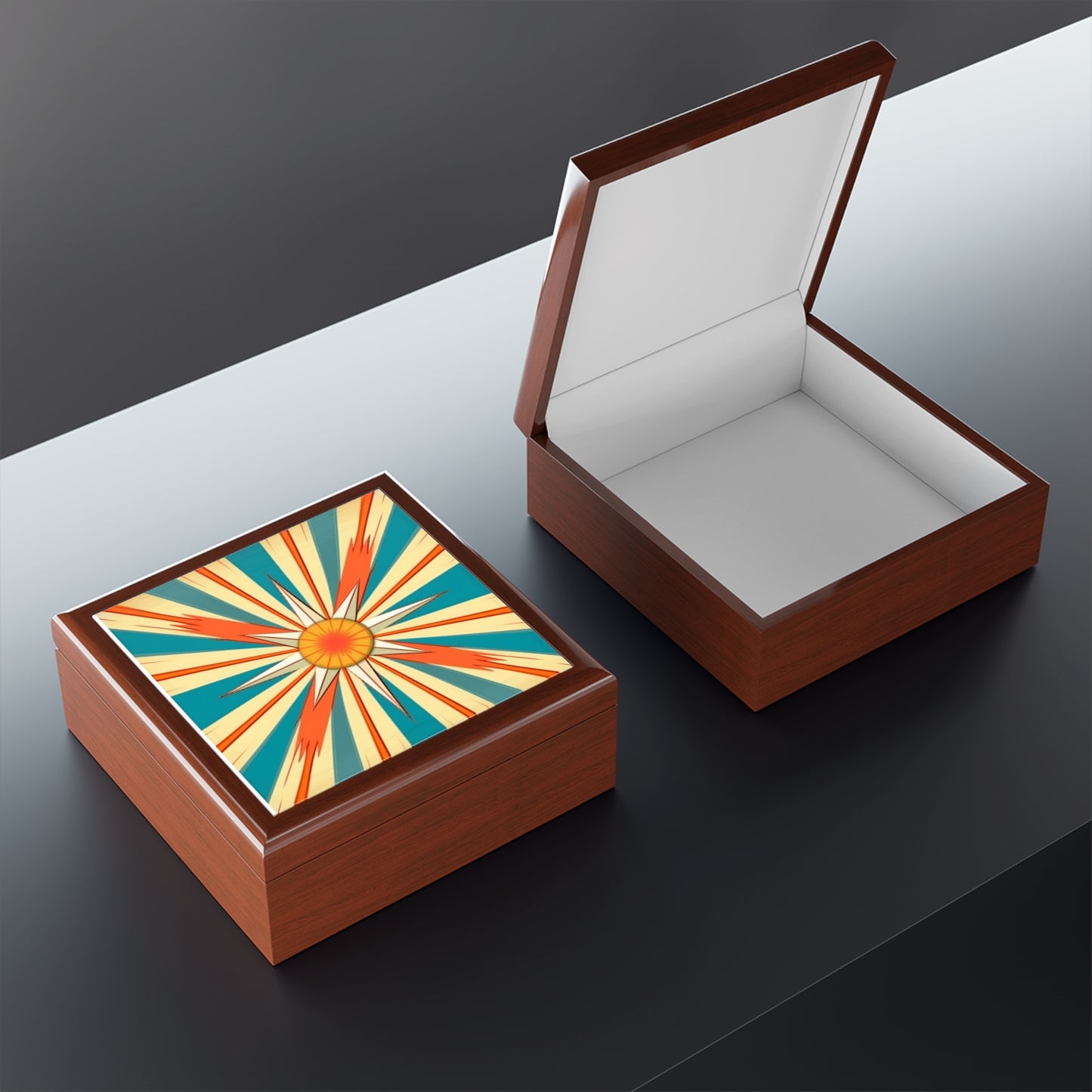 Midcentury Modern Chic: Starburst Candy Colored Jewelry Box with Abstract Art Influences