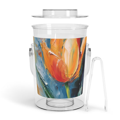 Orange Tulip Magic on Ice Bucket with Tongs: A Blossoming Artistic Delight