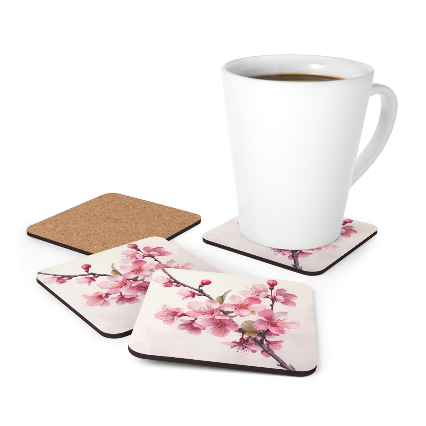 Artistic Flourish: Floral Watercolor Cherry Blossom Corkwood Coaster Set