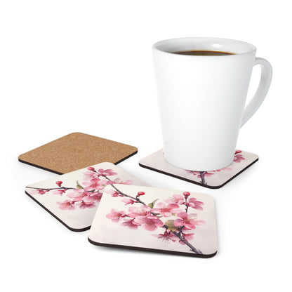 Artistic Flourish: Floral Watercolor Cherry Blossom Corkwood Coaster Set