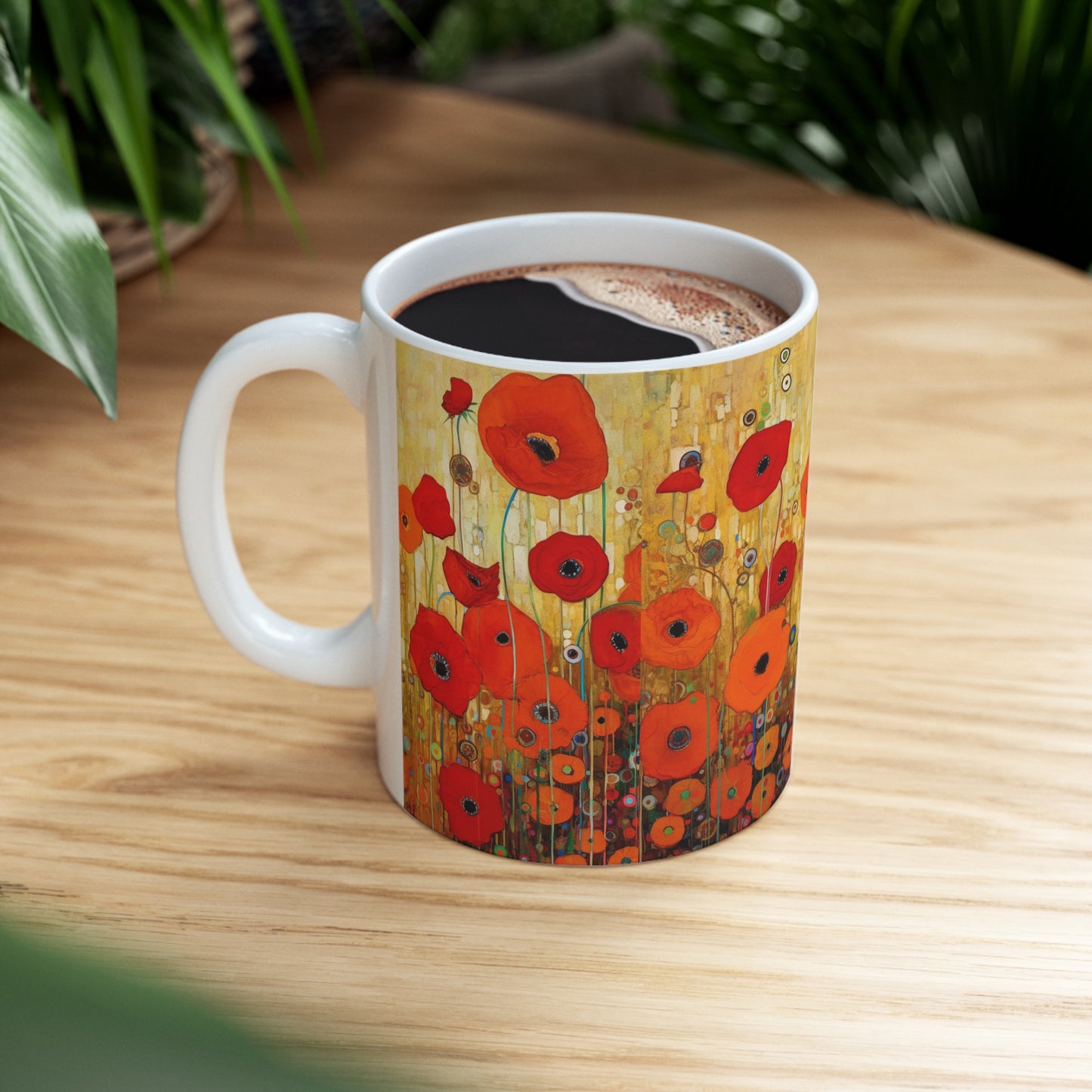 Floral Symphony: Ceramic Mug showcasing Gustav Klimt's Poppies in Art Nouveau