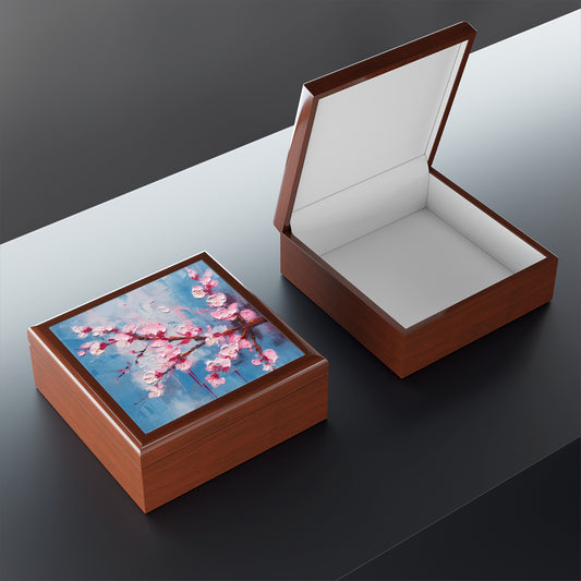 Jewelry Box with Abstract Cherry Blossom Drawing: Embrace the Serenity